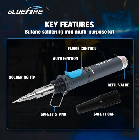 Cordless Butane Soldering Iron Kit with labeled features flame control, auto ignition, and safety cap