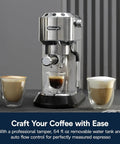 Arte Espresso Machine With My LatteArt Steam Wand Milk Frother And 15 Bar Pressure 3 Level Temperature Control Compact Stainless Steel Design Built For Lattes And Cappuccinos At Home Barista Vibe on counter with coffee cups.