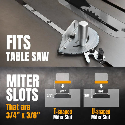 Universal Table Saw Miter Gauge With Aluminum Miter Bar, 27 Angle Stops on a table saw, fits 3/4 x 3/8 inch slots