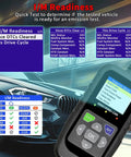OBD2 Scanner Diagnostic Tool With Code Reader And Voltage Tester For Cars And Trucks Reads And Clears Check Engine Light Fault Codes OBDII OBD2 Compatible Live Data Battery Voltage And Freeze Frame For DIYers And Pros showing I/M readiness screen with car background