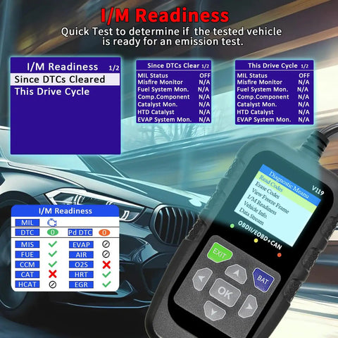 OBD2 Scanner Diagnostic Tool With Code Reader And Voltage Tester For Cars And Trucks Reads And Clears Check Engine Light Fault Codes OBDII OBD2 Compatible Live Data Battery Voltage And Freeze Frame For DIYers And Pros showing I/M readiness screen with car background