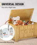 Universal design soft close toy box hinges set with no pinch lid support for wooden toy boxes, shown on open chest with toys