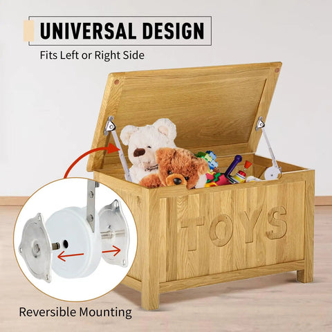 Universal design soft close toy box hinges set with no pinch lid support for wooden toy boxes, shown on open chest with toys