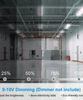 Interior view of a workshop space with 4Ft Led Linear High Bay Shop Light Offering 300W Output And Slick Dimmable Controls features.