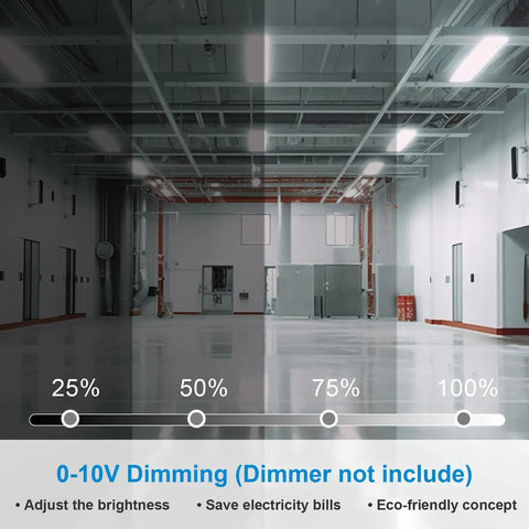 Kickass 2Ft Led Linear High Bay Shop Light 210 W 28350 Lumens Motion Sensor 5000K Daylight dimming control in industrial space.