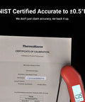 Professional Meat Thermometer For Grill, Candy, And BBQ With Instant Read, Speedy Half Second Read, next to NIST certification certificate.