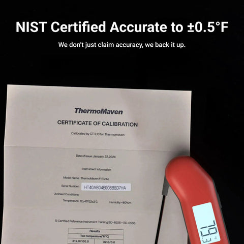 Professional Meat Thermometer For Grill, Candy, And BBQ With Instant Read, Speedy Half Second Read, next to NIST certification certificate.