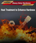 Nut and bolt above flames showing heat treatment process for enhanced hardness, with "Auprex Heavy Duty Hardness" label.