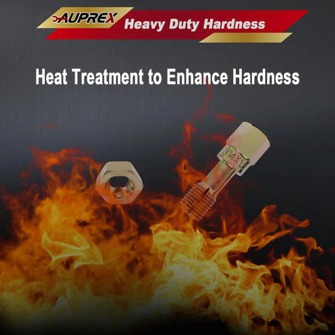 Nut and bolt above flames showing heat treatment process for enhanced hardness, with "Auprex Heavy Duty Hardness" label.