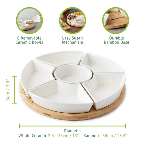 Top Shelf Large Round Ceramic Taco Lazy Susan Rotating Serving Tray With Six Heavy Duty Bowls features six removable bowls on a bamboo base.