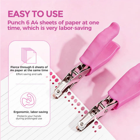 2 Pack Mini Circle Hole Punches One Quarter Inch And One Eighth Inch with pink soft grip handles on paper demonstrating use