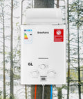 Portable Tankless Gas Water Heater 6L 1.59GPM LPG Propane Butane for Outdoor Use RV Camping and Cabin White in forest setting