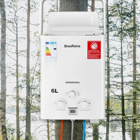 Portable Tankless Gas Water Heater 6L 1.59GPM LPG Propane Butane for Outdoor Use RV Camping and Cabin White in forest setting