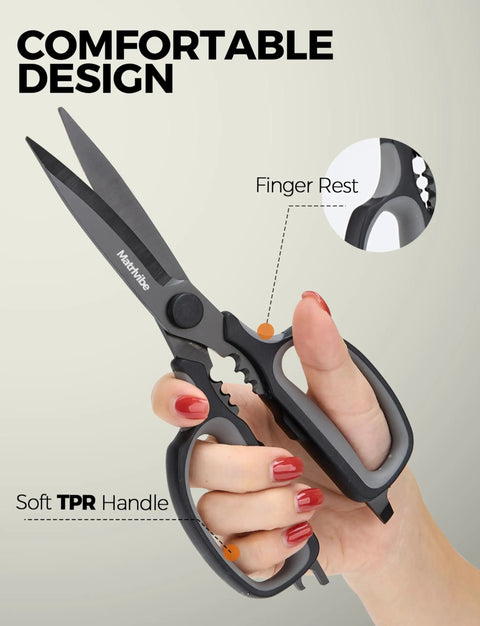 Heavy Duty All Purpose Kitchen Scissors With Ultra Sharp Blade And Power Curve Technology For Cutting Herbs Meat Packaging Cardboard And More Go To Ergonomic Durable Handles For Everyday Kitchen Tasks, black TPR handle, finger rest
