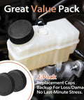 2Pcs Premium Leak Proof Coolant Reservoir Cap Set For OEM 21712 79900 installed on a car reservoir, two black caps visible.