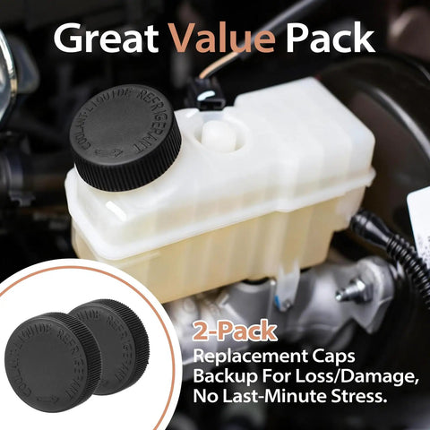 2Pcs Premium Leak Proof Coolant Reservoir Cap Set For OEM 21712 79900 installed on a car reservoir, two black caps visible.