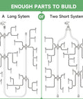Diagram showing Quick Connect Drip Irrigation Kit 200 Ft options for long system or two short systems with connectors and emitters.