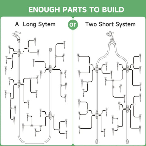 Diagram showing Quick Connect Drip Irrigation Kit 200 Ft options for long system or two short systems with connectors and emitters.