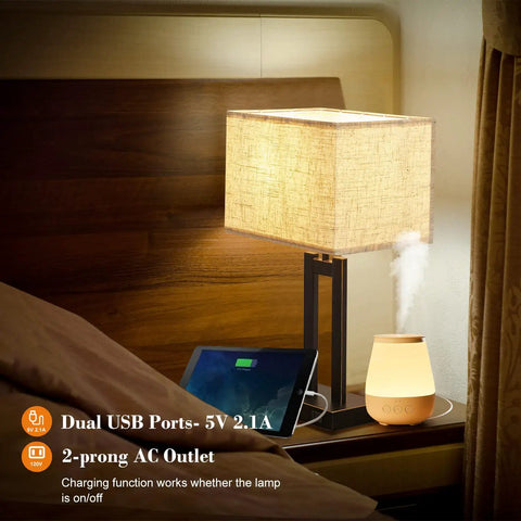 Table Lamps Set Of 2 With USB Charging Ports And AC Outlet, 3 Way Dimmable Touch Control Nightstand Lamps, beige shade on nightstand