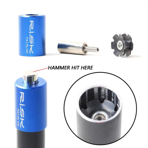 Bike Fork Star Nut Setting Kit For 1 1 Eighth Inch Steerer Tubes showing blue tool, positioning screw, and star nut.