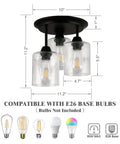 Semi Flush Mount Ceiling Light Fixture With Seeded Glass Shades, 3 Lights, Vintage Oil Rubbed Bronze Finish, dimensions shown