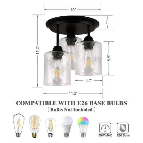 Semi Flush Mount Ceiling Light Fixture With Seeded Glass Shades, 3 Lights, Vintage Oil Rubbed Bronze Finish, dimensions shown