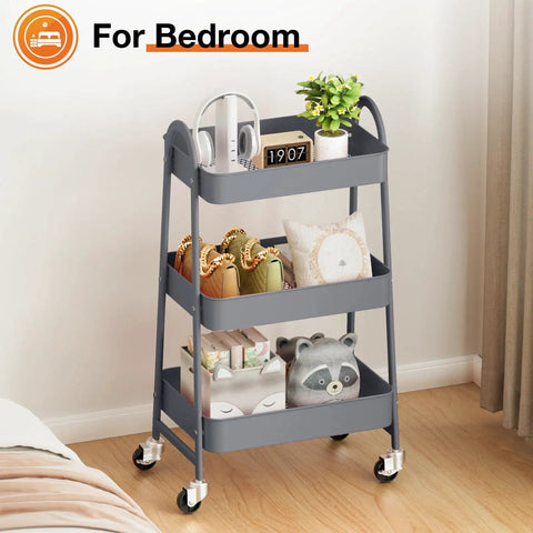 Three Tier Metal Rolling Cart With Lockable Wheels, Heavy Duty Mobile Storage Shelf For Living Room, Kitchen, Office Or Bathroom, Rust Resistant Steel, Adjustable Shelves, Grey