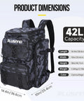 Fishing Backpack With Rod Holders And Tackle Box 42L Water Resistant Gear Organizer with camo design and dimensions chart.