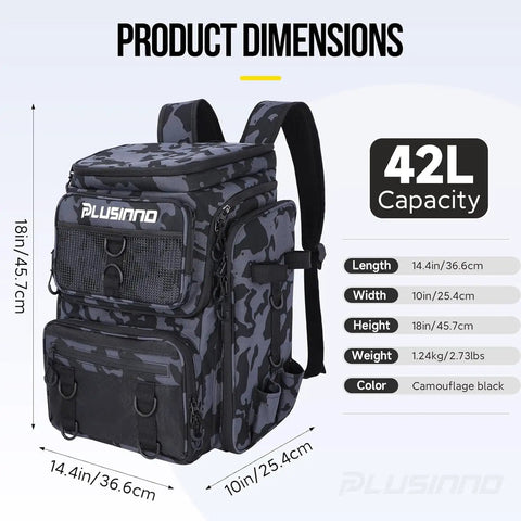 Fishing Backpack With Rod Holders And Tackle Box 42L Water Resistant Gear Organizer with camo design and dimensions chart.