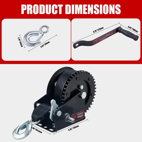 1200 Lb Boat Trailer Strap Winch With 8 Meter Black Rope, Heavy Duty Hand Crank Winch With Hook