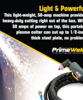 50 Amp Air Inverter Plasma Cutter Portable Cutting Machine With Dual Voltage 110V 220V Auto Voltage Switch One Half Inch Clean Cut Capability Rugged Workhorse Pro Kit Easy Setup For On The Go Projects CUT50D, shown with cutting torch and sparks.