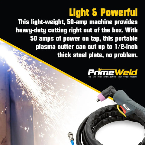 50 Amp Air Inverter Plasma Cutter Portable Cutting Machine With Dual Voltage 110V 220V Auto Voltage Switch One Half Inch Clean Cut Capability Rugged Workhorse Pro Kit Easy Setup For On The Go Projects CUT50D, shown with cutting torch and sparks.
