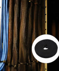 Two Rolls Of Black Reusable Self Gripping Cable Ties For Smooth Cord Organization showing black Velcro straps with organized cords.