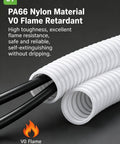 Grab This Boss Grade Heavy Duty PA66 Nylon Corrugated Conduit With Flame Retardant Finish For Tight Cable Routing, showing black wires inside.