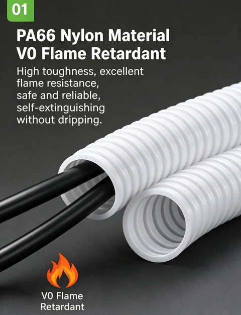 Grab This Boss Grade Heavy Duty PA66 Nylon Corrugated Conduit With Flame Retardant Finish For Tight Cable Routing, showing black wires inside.