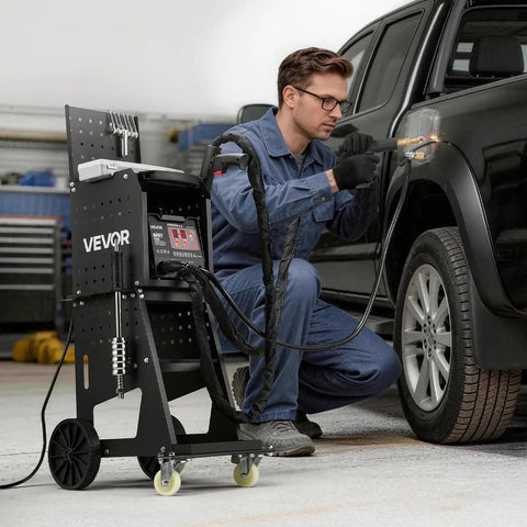 Technician using Beefed Up Stud Welder Dent Puller Kit With Welding Cart, 3KW Spot Welder, Twin Guns, 7 Modes, 110V for car repair