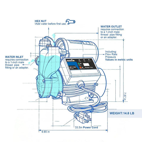 Diagram of Beefy 1.5HP Booster Pump With Mechanical Pressure Switch, 1600 GPH Flow, 120 Ft Max Head, Self Priming Utility Water Pump