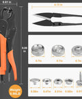 Heavy Duty Snap Fastener Tool Kit With 50 Snaps, Snap Setter Pliers, scissors, and snap parts with dimensions displayed