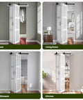 Frosted Glass Bifold Barn Door 36in x 84in With Hardware Kit And 40in Track Kit installed in closet, living room, bathroom, kitchen.