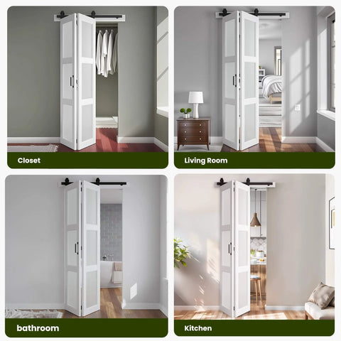 Frosted Glass Bifold Barn Door 36in x 84in With Hardware Kit And 40in Track Kit installed in closet, living room, bathroom, kitchen.