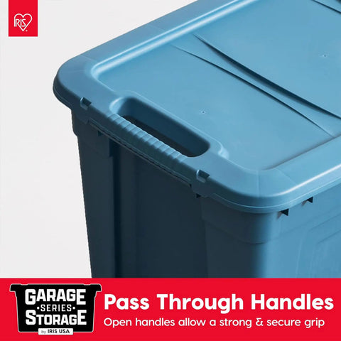Close-up of navy 31 Gallon Storage Tote. Features snap-on lid and pass-through handles for easy grip, made in USA.