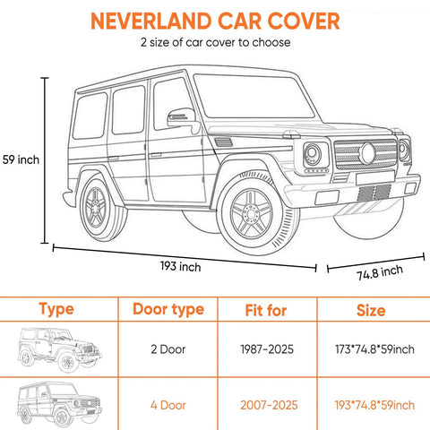 Illustration showing car dimensions and size chart for Jeep Wrangler cab cover for 2007 to 2026 four door waterproof all weather half car cover.