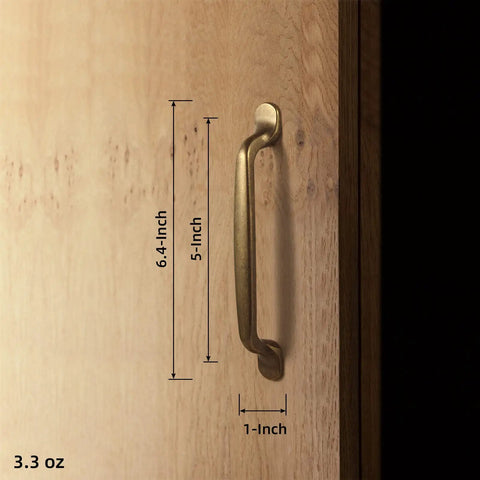 Six Pack Antique Brass Arch Cabinet Pulls, 5-Inch Center-To-Center Zinc Alloy Drawer Handles For Kitchen And Bathroom Cupboards, Mid-Century Modern Hardware shown in side view on wood surface