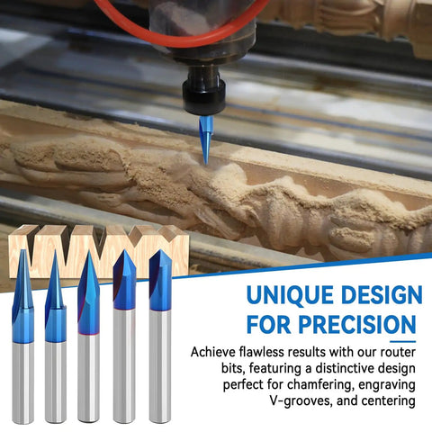 Heavy Duty CNC Wood Carving Router Bits Set Featuring Five Slick Nano Coated V Shape Engraving Tools with precision cutting.