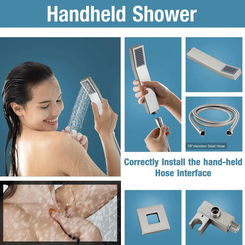 All In One 10 Inch Rainfall Shower Head With Handheld Kit, Wall Mounted Shower System with handheld spray and hose installation guide