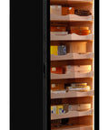Front view of Premium 380L Humidor Cabinet with seven cedar trays and piano black finish showcasing cigar storage and aging.
