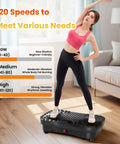 Woman exercising on Vibration Plate Fitness Platform for Full Body Workout, Home Shaker Board in living room setting.