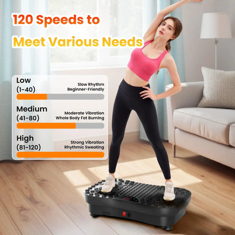 Woman exercising on Vibration Plate Fitness Platform for Full Body Workout, Home Shaker Board in living room setting.