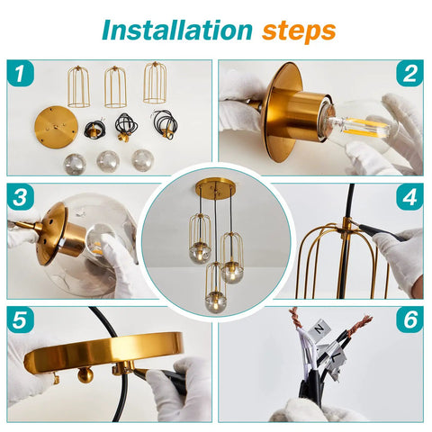 Installation steps for Three Light Mid Century Modern Pendant Light Fixture With Gold Finish Glass Globe And Adjustable Cage Hanging Chandelier