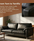 No Sweat Self Adhesive Vinyl Patch For Couches And Furniture on a black sofa covering tears and scuffs.